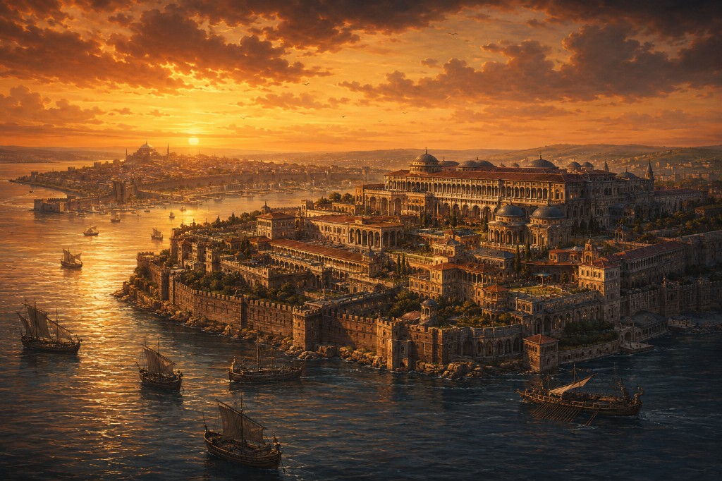 Aerial view of ancient Byzantion at golden sunset