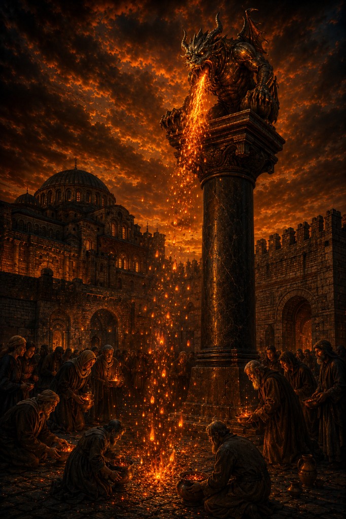 An ifrit talisman atop a column raining embers over a Byzantine courtyard