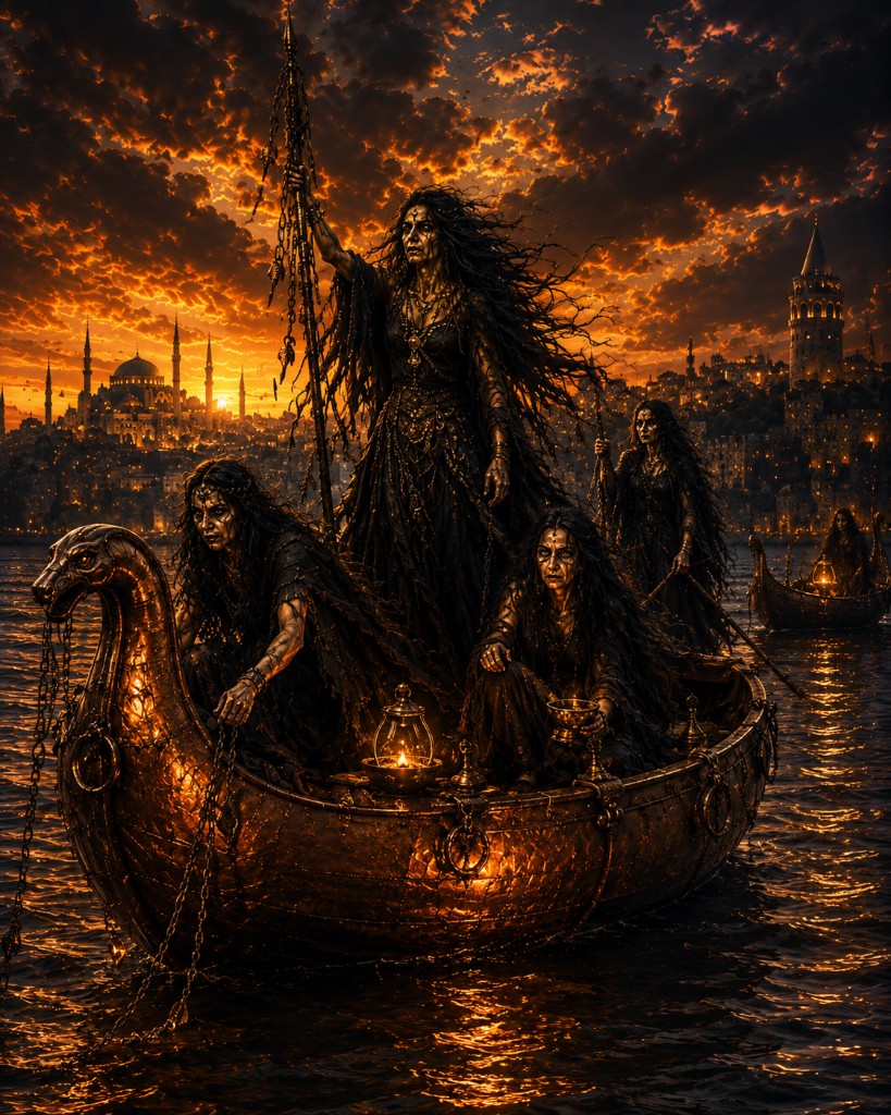Cloaked figures aboard a serpent-prowed boat on the Bosphorus at dusk