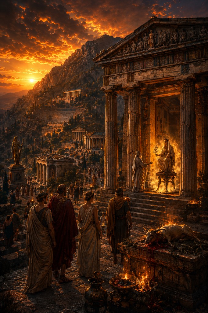 Worshippers before an ancient Greek oracle temple at sunset