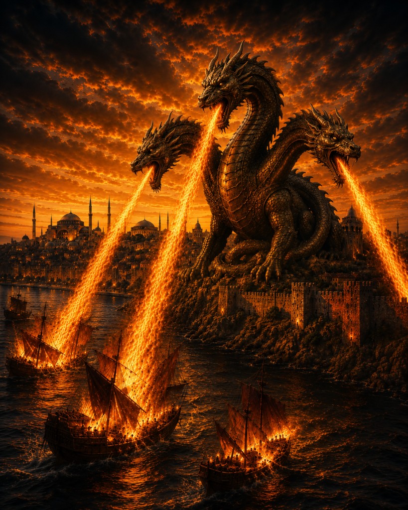 A three-headed dragon breathing fire over a besieged Ottoman city at dusk